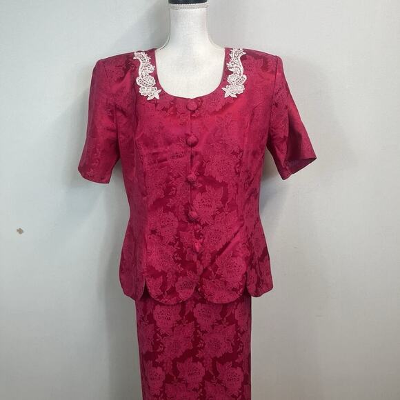 Vintage Melissa 2pc Blazer Skirt Suit Plus sz 16W Pink Brocade Lace Beads 80's - Picture 2 of 14